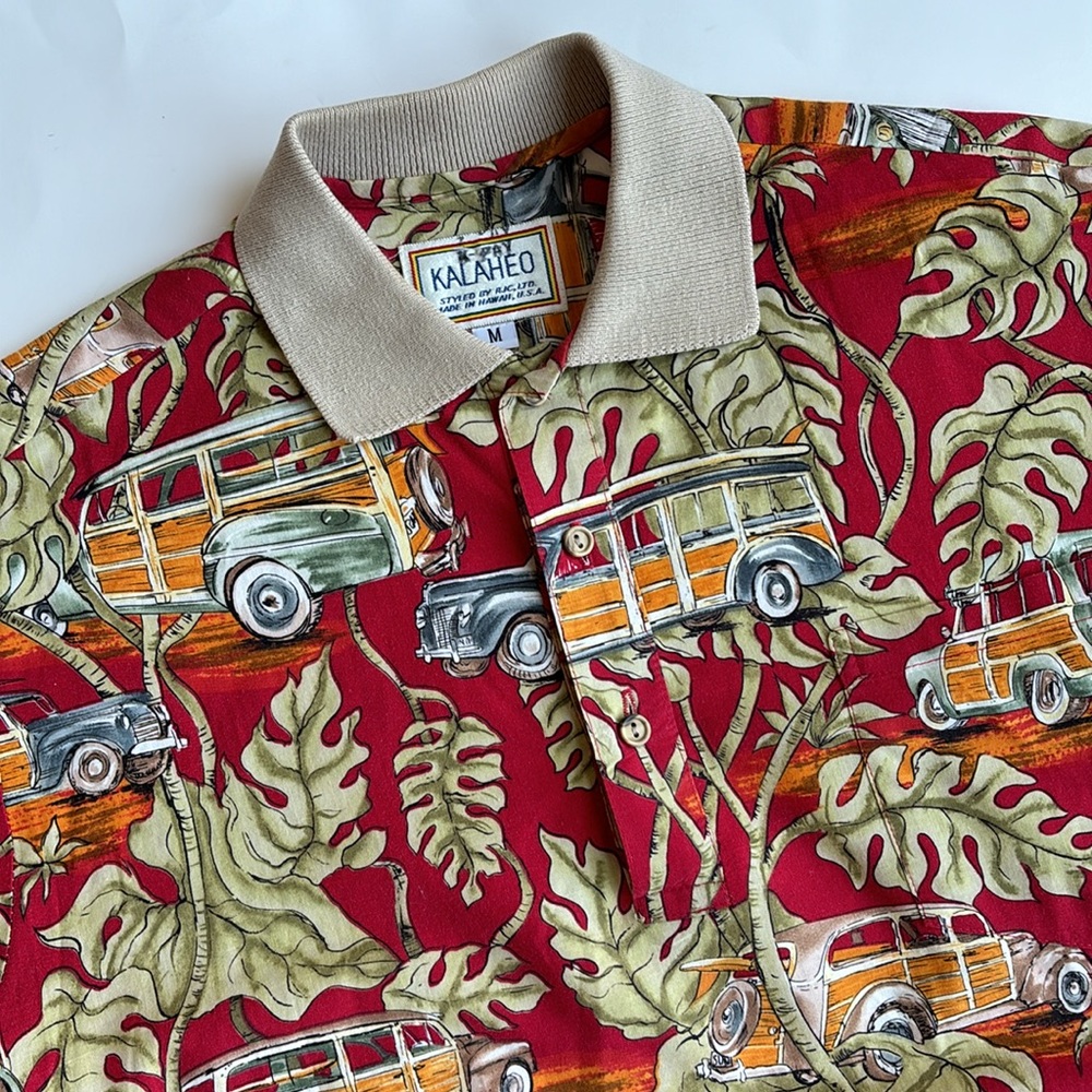 Vintage Kalaheo Red Woody Car Hawaiian Tropical‎ Surf Polo Shirt Men’s Medium